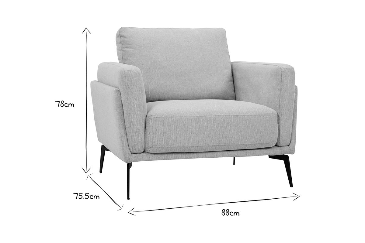 Fauteuil design avec dimensions inscrites, 78cm de haut, 75.5cm de profondeur, 88cm de large, vue de face, en noir et blanc.