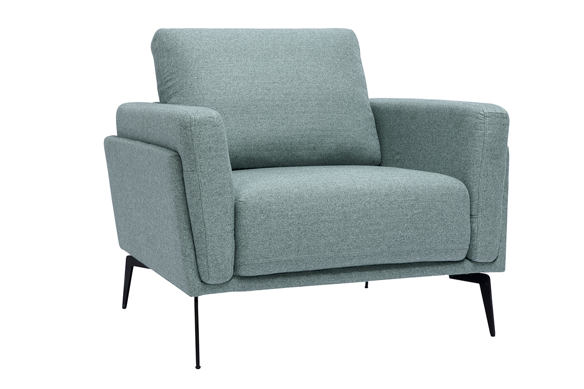Fauteuil MOSCO en tissu vert de gris avec pieds en m�tal noir, vue de 3/4.