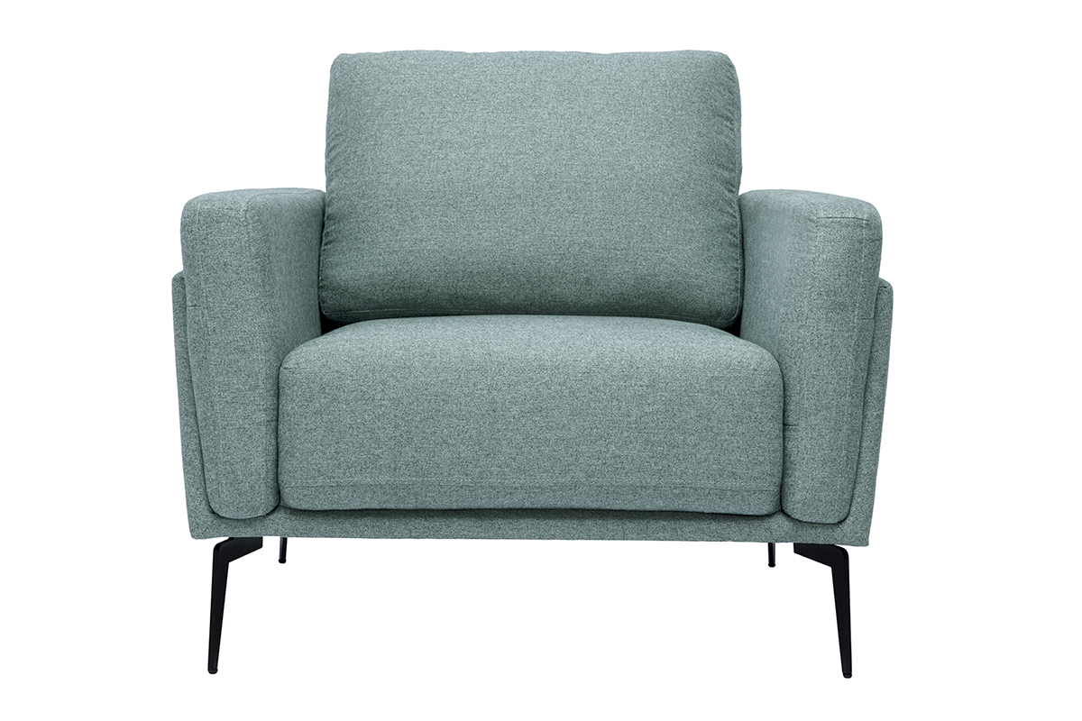 Fauteuil design vert de gris, vue de face, structure m�tal noir.