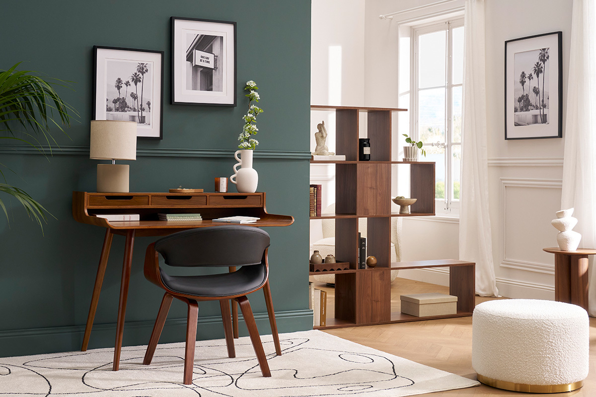 Fauteuil design noir et bois fonc� noyer ARAMIS