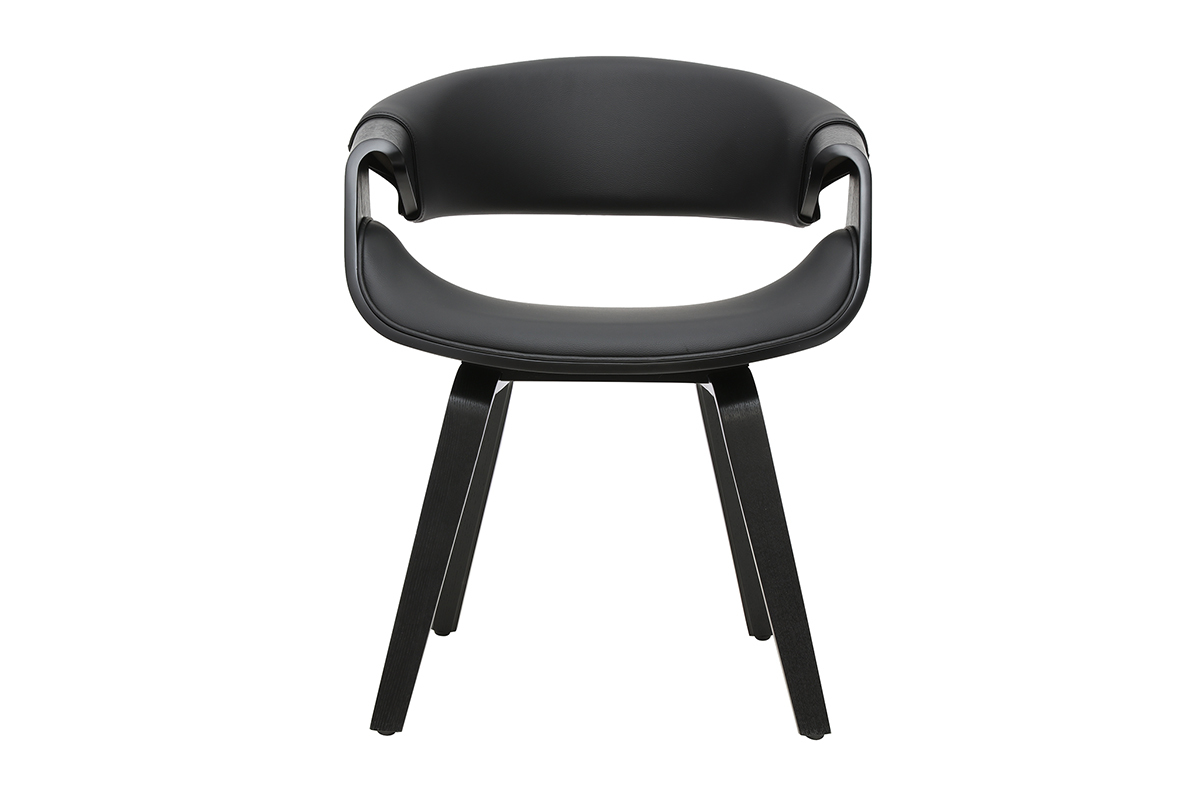 Fauteuil design noir et bois noir ARAMIS, vue de face, avec accoudoirs arrondis.