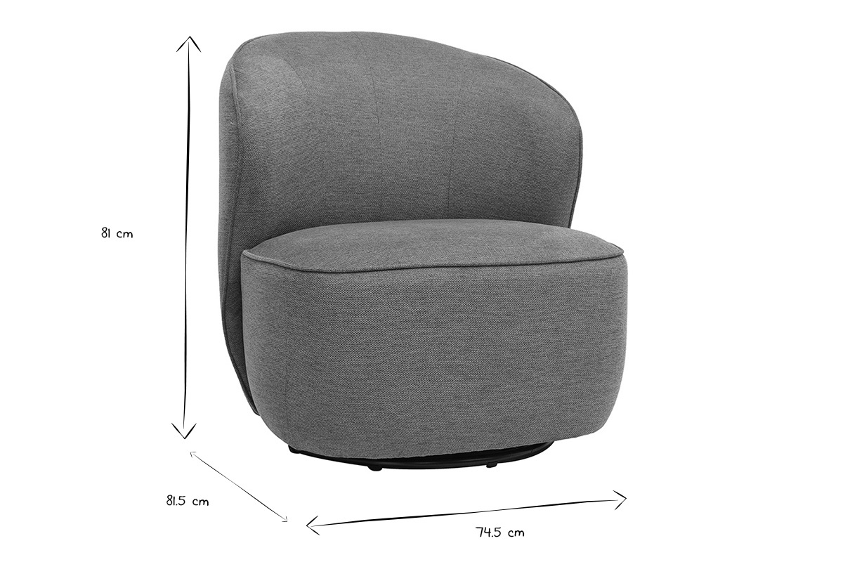 Fauteuil design pivotant en tissu avec dimensions : hauteur 81 cm, largeur 74,5 cm, profondeur 81,5 cm en noir et blanc.