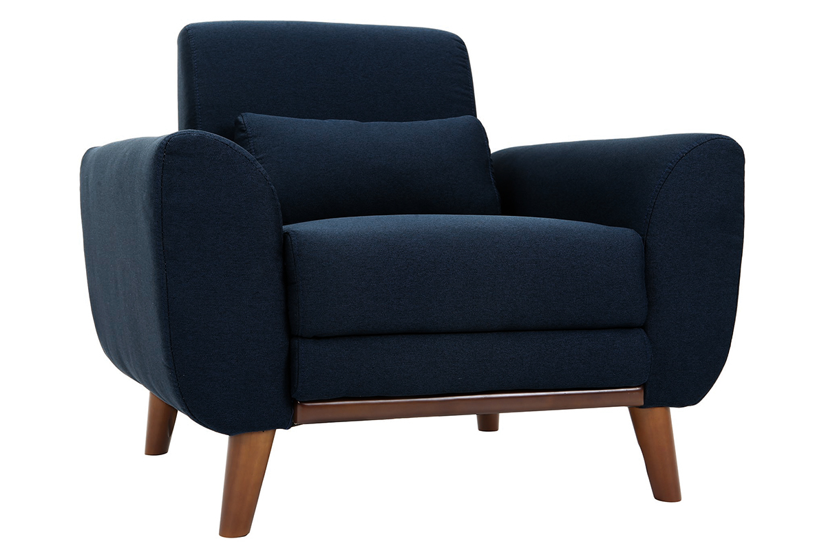 Fauteuil en tissu bleu fonc� et bois fonc� EKTOR