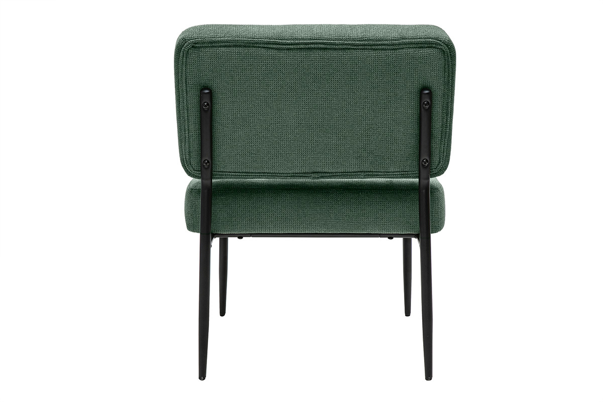 Fauteuil vert kaki en tissu chenille vu de dos, pieds en m�tal noir.