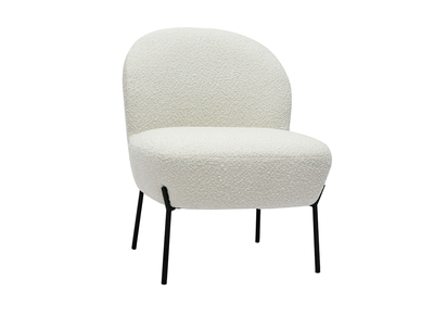 Fauteuil en tissu effet laine boucl&eacute;e blanc et m&eacute;tal noir BELEY