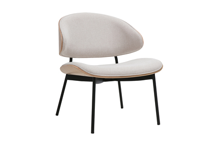 Fauteuil en tissu effet velours textur&eacute; beige, bois clair et m&eacute;tal noir FABULO