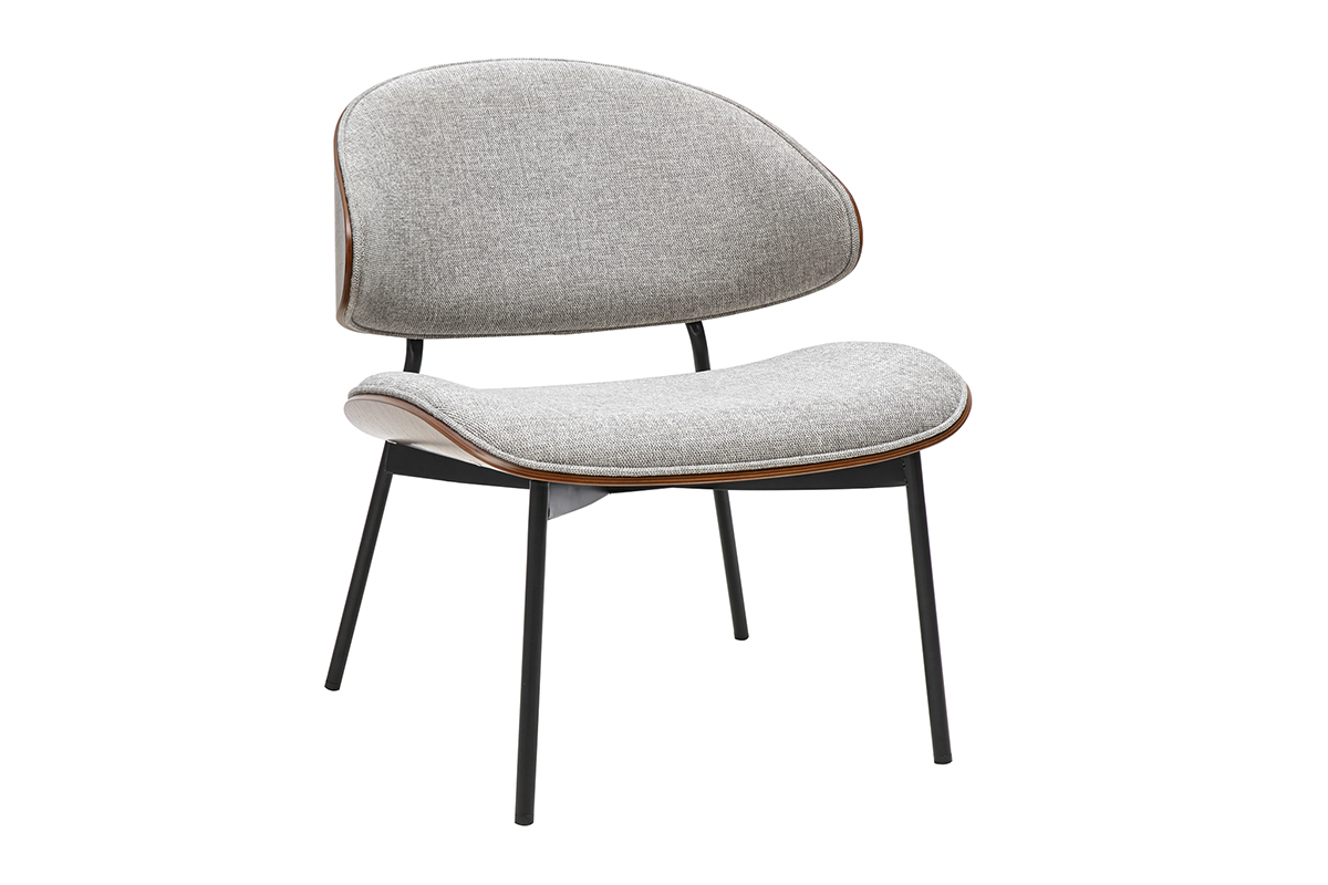 Fauteuil gris effet velours, bois fonc� et m�tal noir, vue de trois quarts.
