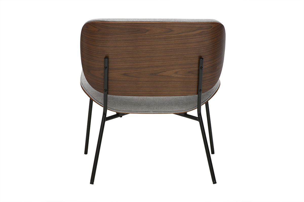 Fauteuil SHELBY en tissu effet velours gris et m�tal noir et noyer, vue de dos.