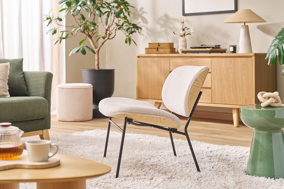 Fauteuil en tissu effet velours textur� gris et m�tal noir SHELBY