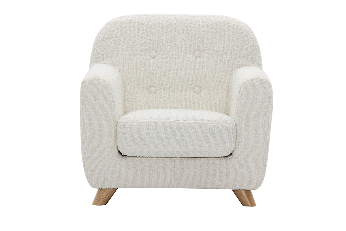 Fauteuil enfant scandinave en tissu effet laine boucl�e blanc et bois clair NORKID