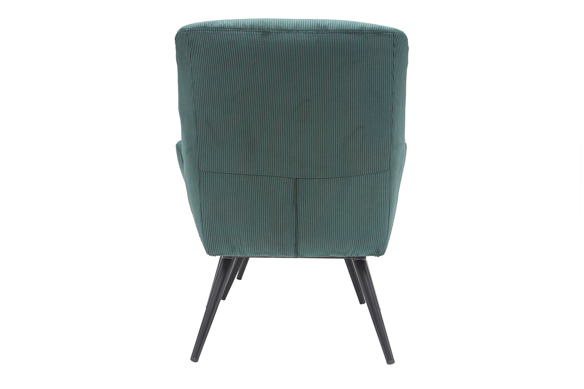 Fauteuil ZOE en velours c�tel� vert, vue de dos, pieds en m�tal noir.