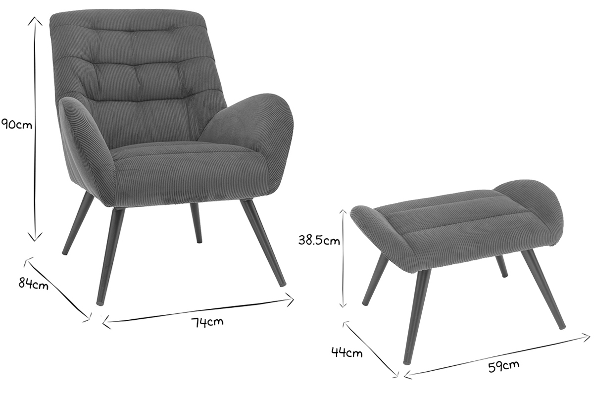 Dimensions du fauteuil et repose-pieds ZOE en noir et blanc, vue de face.