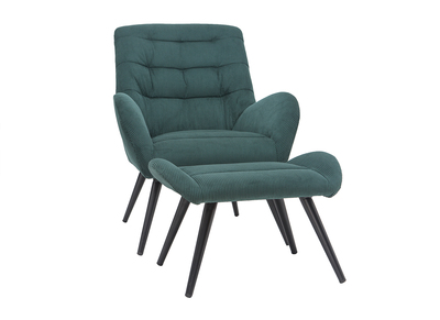 Fauteuil et repose-pieds design en tissu velours c&ocirc;tel&eacute; vert et m&eacute;tal noir ZOE