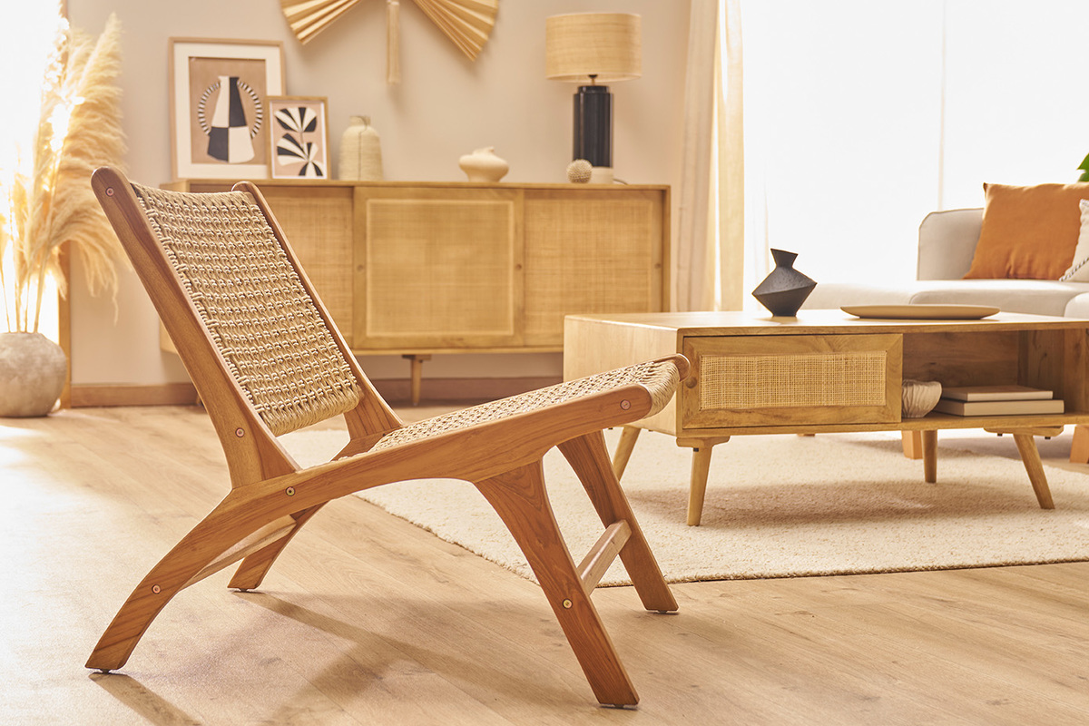 Fauteuil lounge en bois teck massif et corde tress�e SUMBA