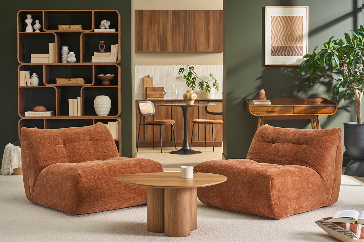 Fauteuil lounge en tissu effet velours textur� terre br�l�e BUMPY