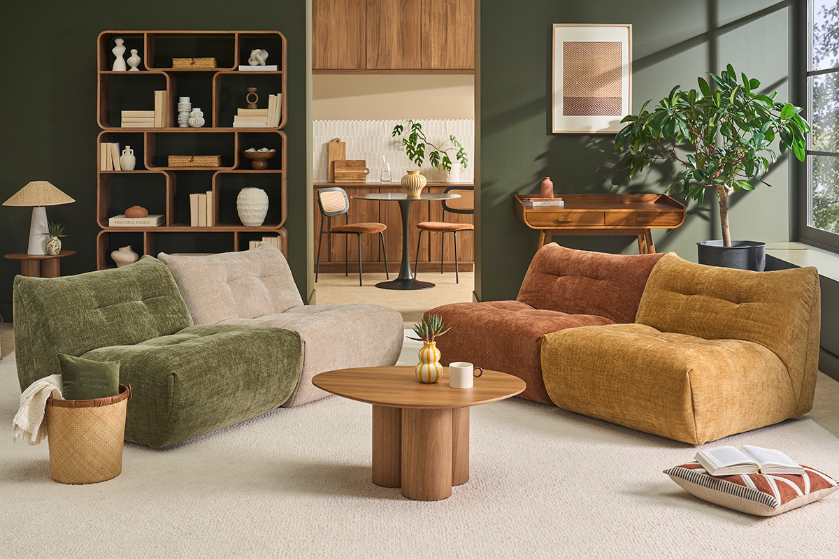 Fauteuil lounge en tissu effet velours textur� vert kaki BUMPY