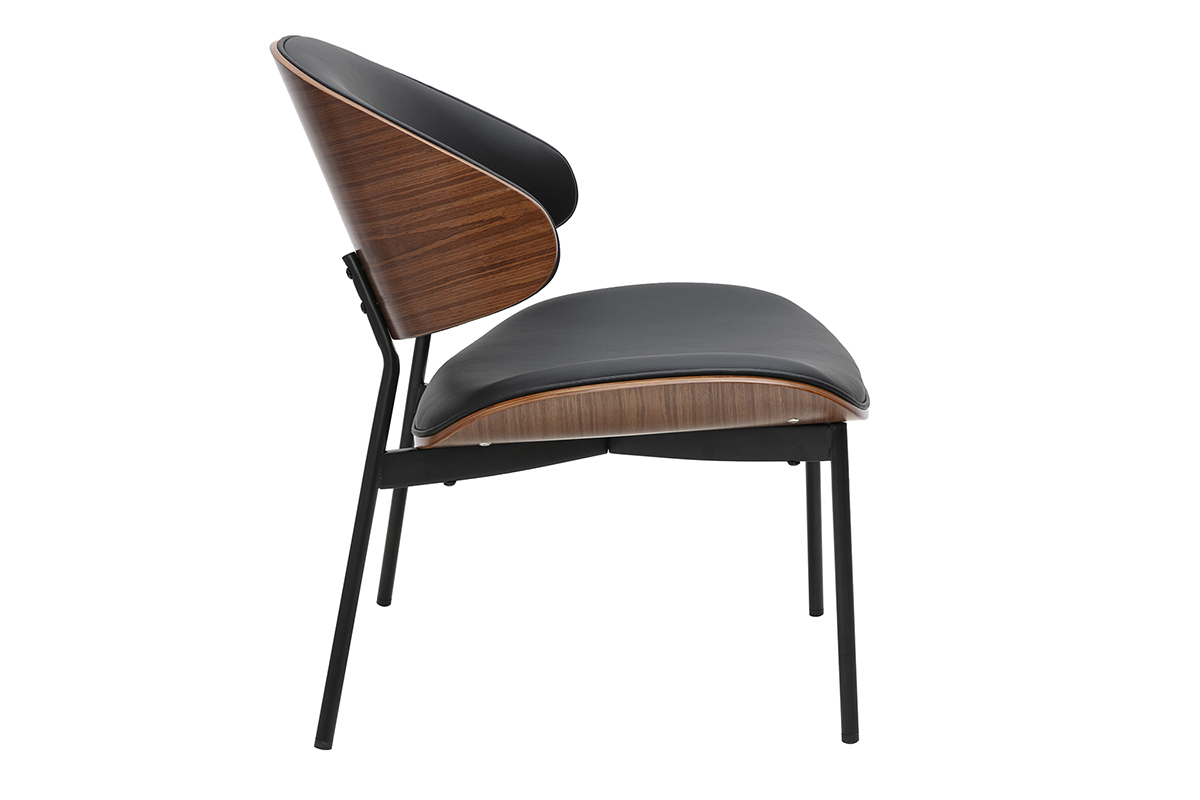 Vue de profil du fauteuil noir FABULO, bois fonc� et m�tal noir.