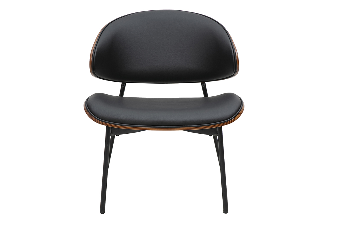 Fauteuil noir en vue de face, bois fonc� et m�tal noir.
