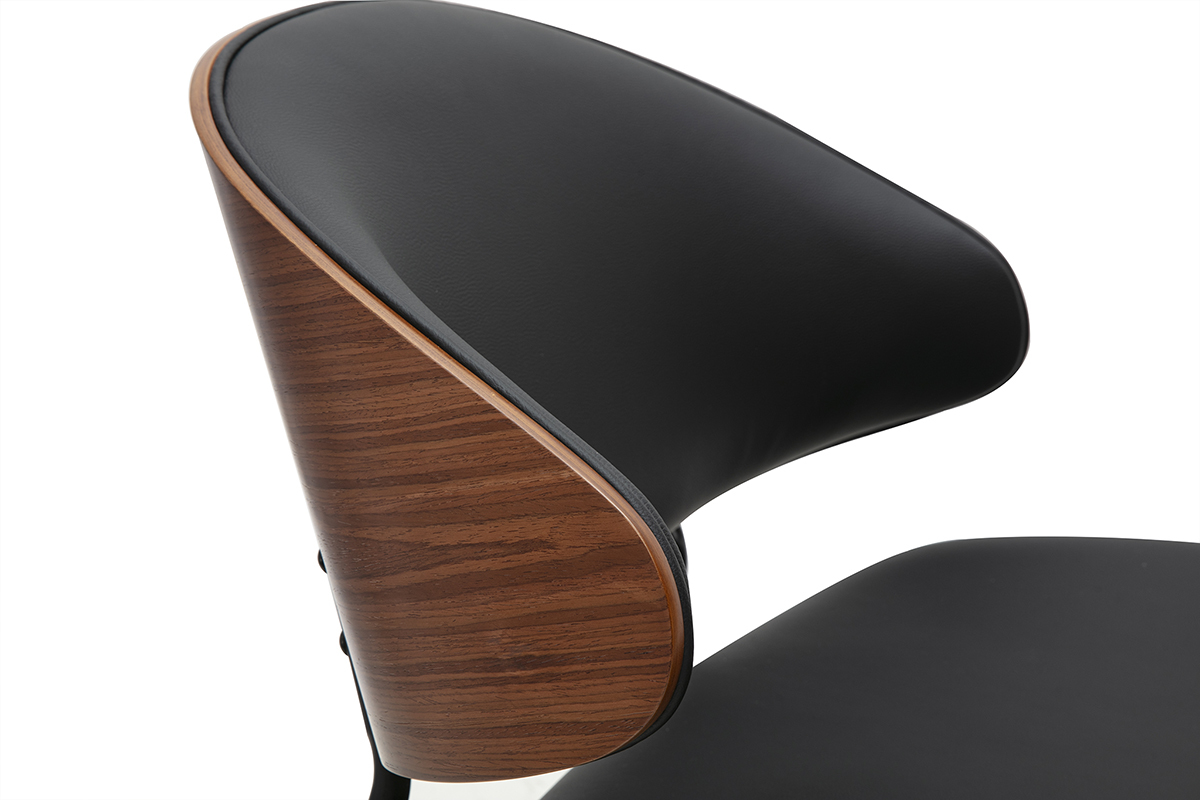 D�tail du dossier en placage noyer et assise noire du fauteuil FABULO.