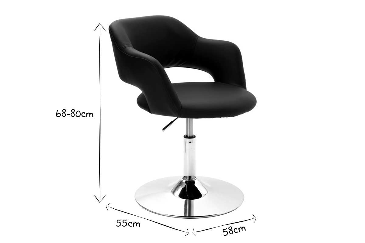 Dimensions du fauteuil pivotant JESSY : 68-80cm (H), 55cm (L), 58cm (P) en noir et blanc.