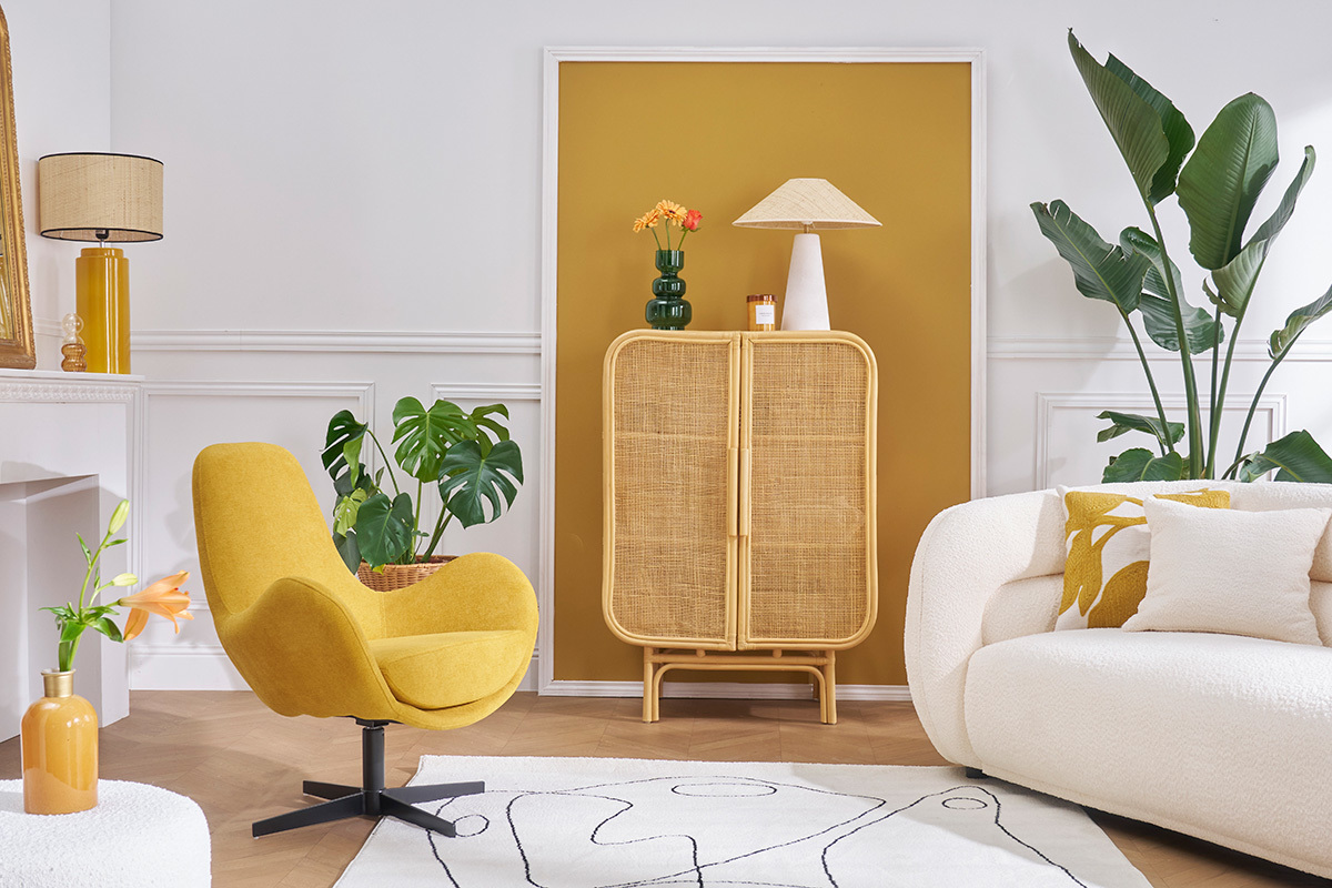 Fauteuil pivotant design en tissu effet velours jaune moutarde et m�tal noir ANDY