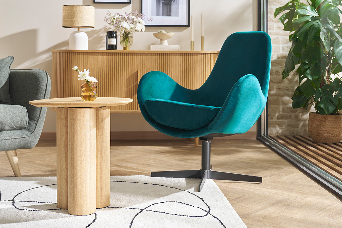 Fauteuil pivotant design en tissu velours bleu canard et m�tal noir ANDY