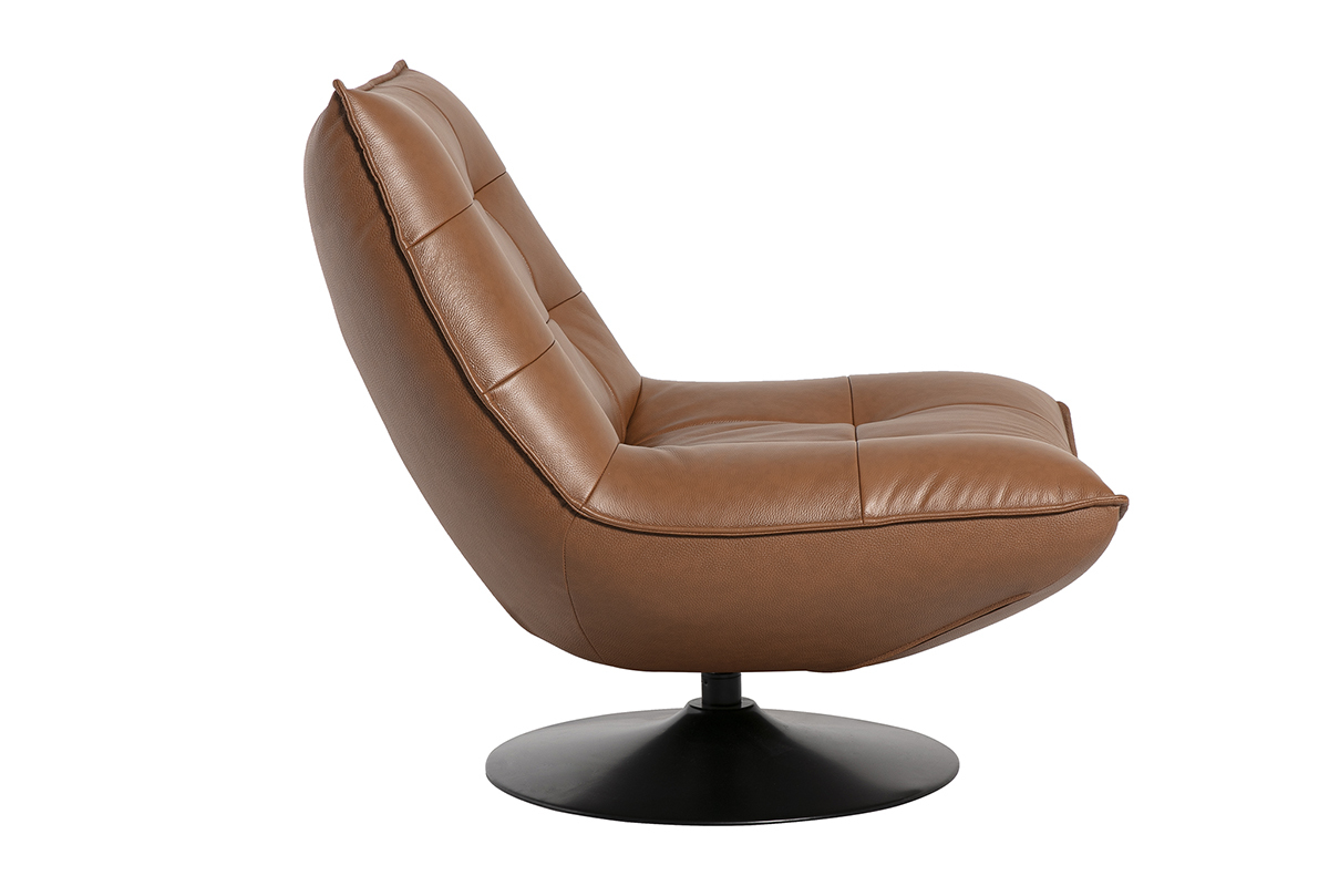 Fauteuil pivotant en cuir marron et m�tal noir HUXLEY