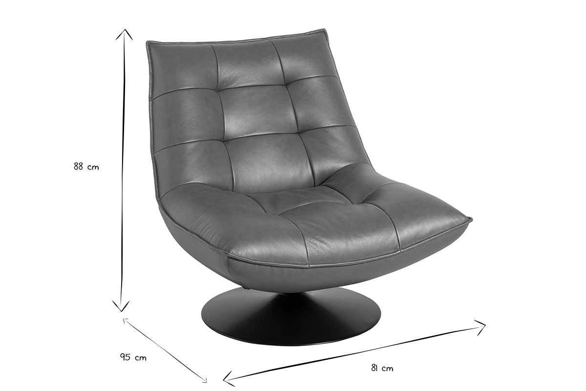 Fauteuil pivotant HUXLEY en cuir marron, dimensions 81x95x88 cm, vue en noir et blanc avec rep�res