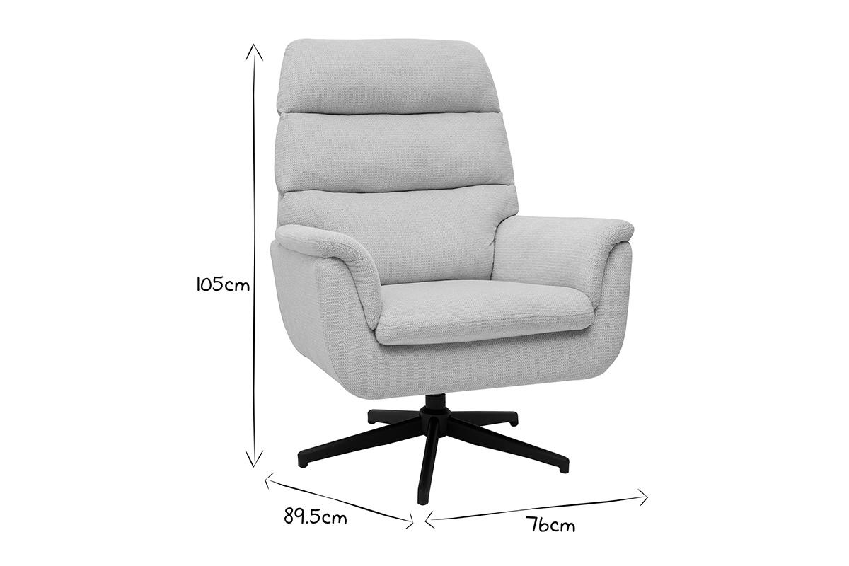 Dimensions du fauteuil pivotant en tissu chenille beige JONAH avec base en m�tal noir.