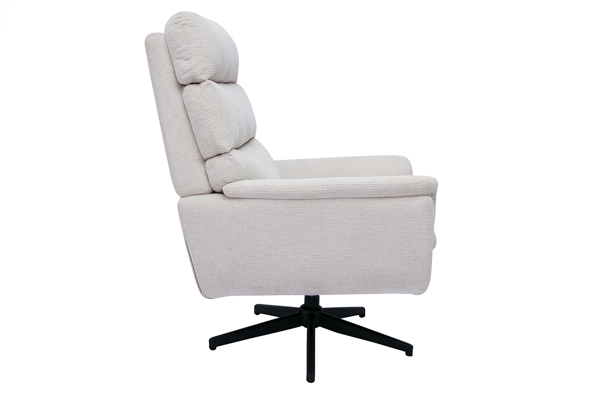 Fauteuil pivotant en tissu chenille beige et m�tal noir JONAH, vue de profil
