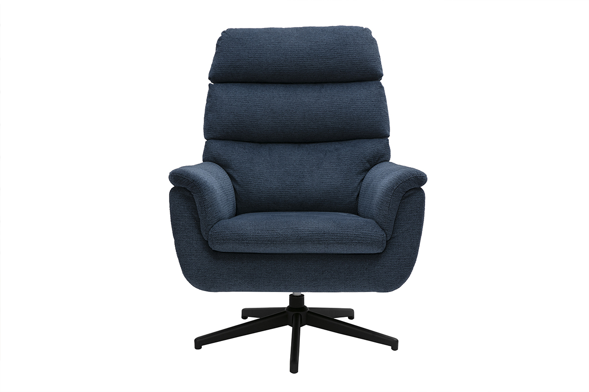 Fauteuil pivotant en tissu chenille bleu fonc� avec base m�tal noir pivotante.