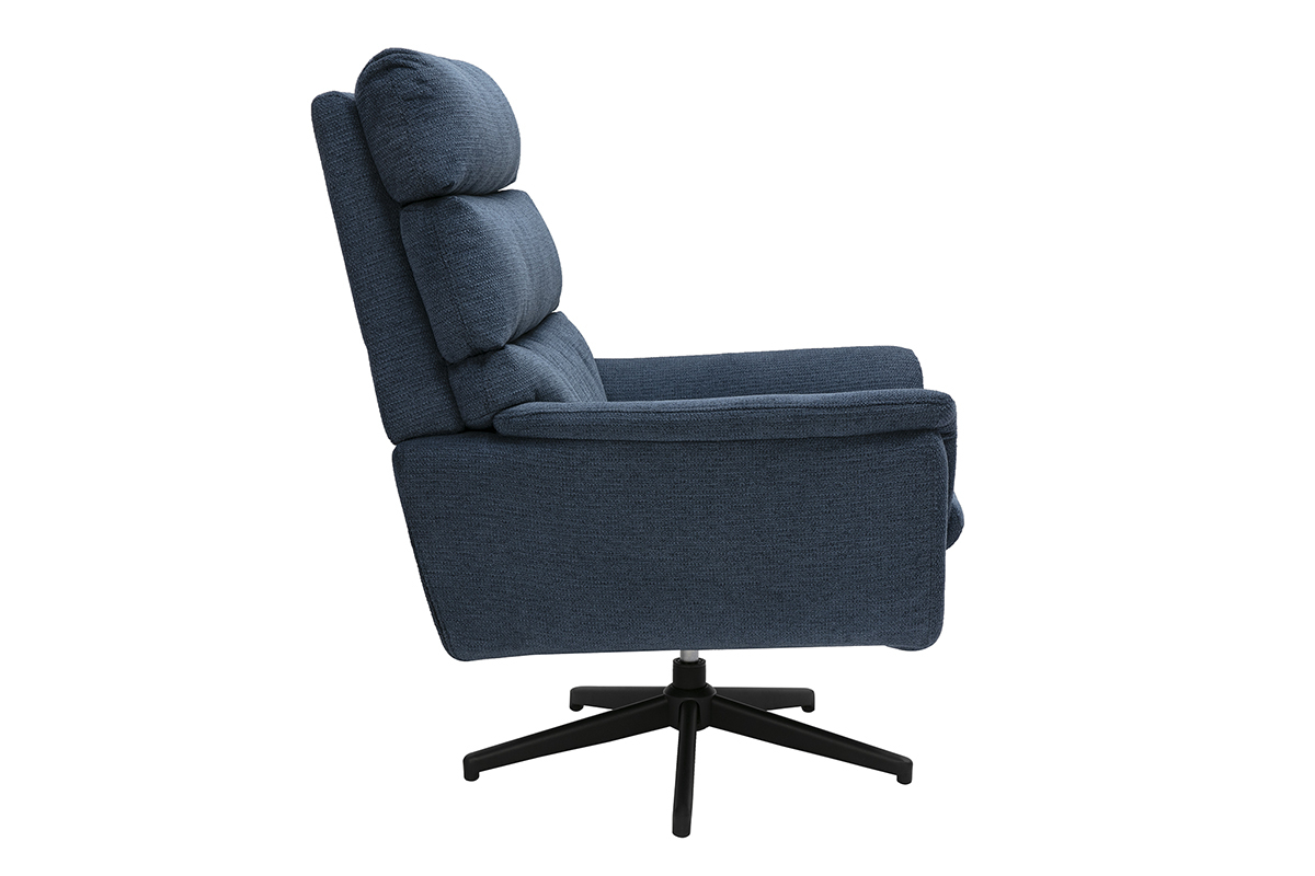 Fauteuil pivotant bleu fonc� en tissu chenille avec base en m�tal noir, mod�le JONAH.