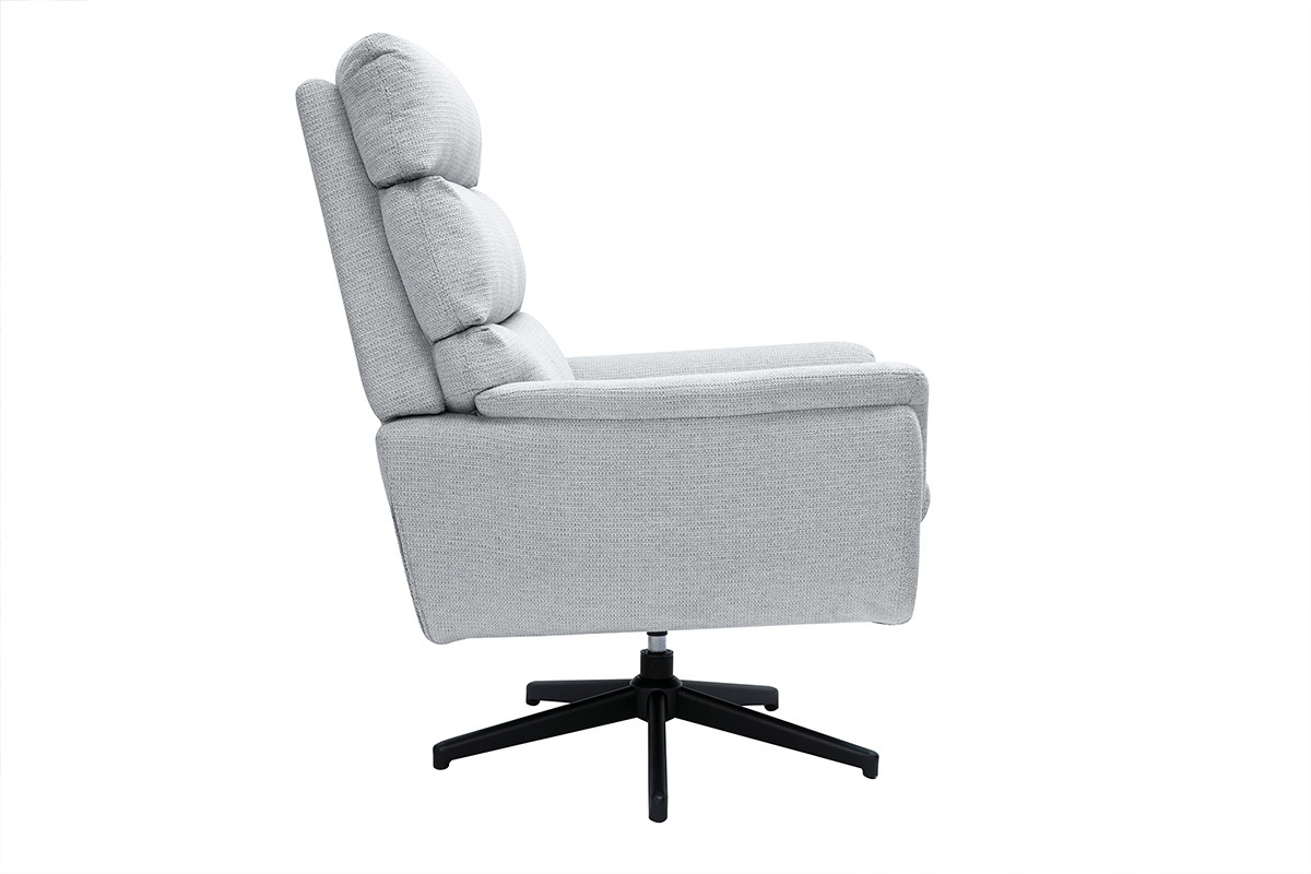 Fauteuil pivotant en tissu chenille gris clair avec base en m�tal noir