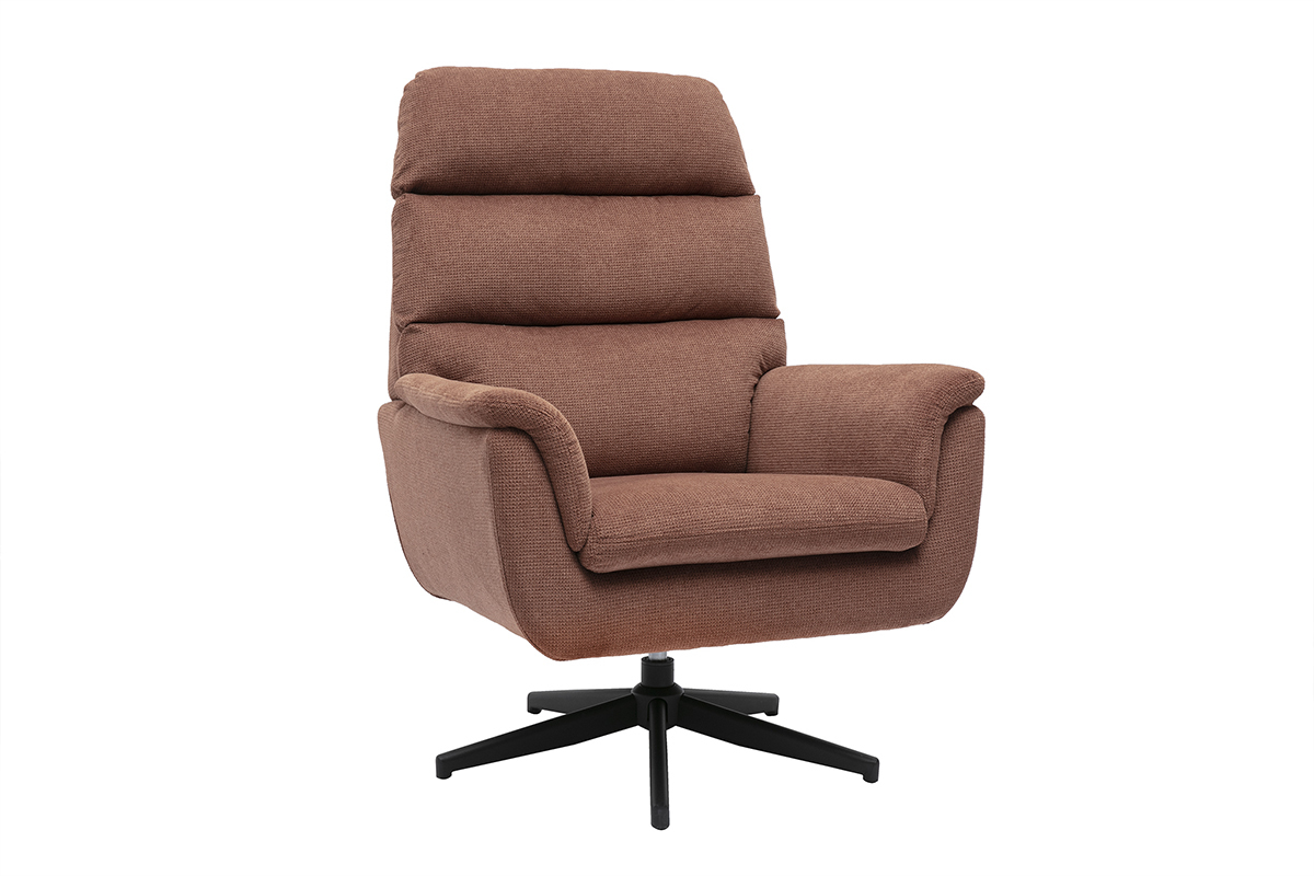 Fauteuil pivotant JONAH en tissu chenille terre br�l�e et m�tal noir, vue de 3/4