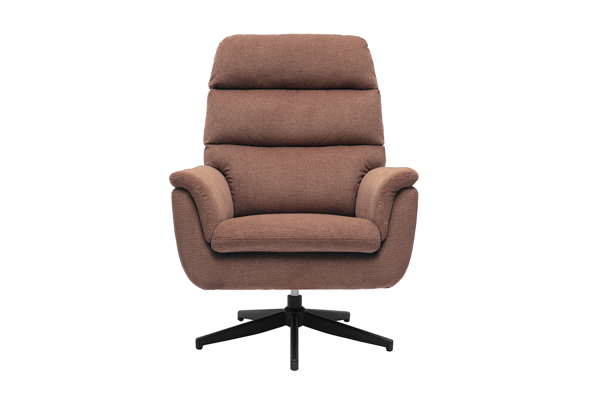 Fauteuil pivotant en tissu chenille terre br�l�e avec base en m�tal noir, vue de face