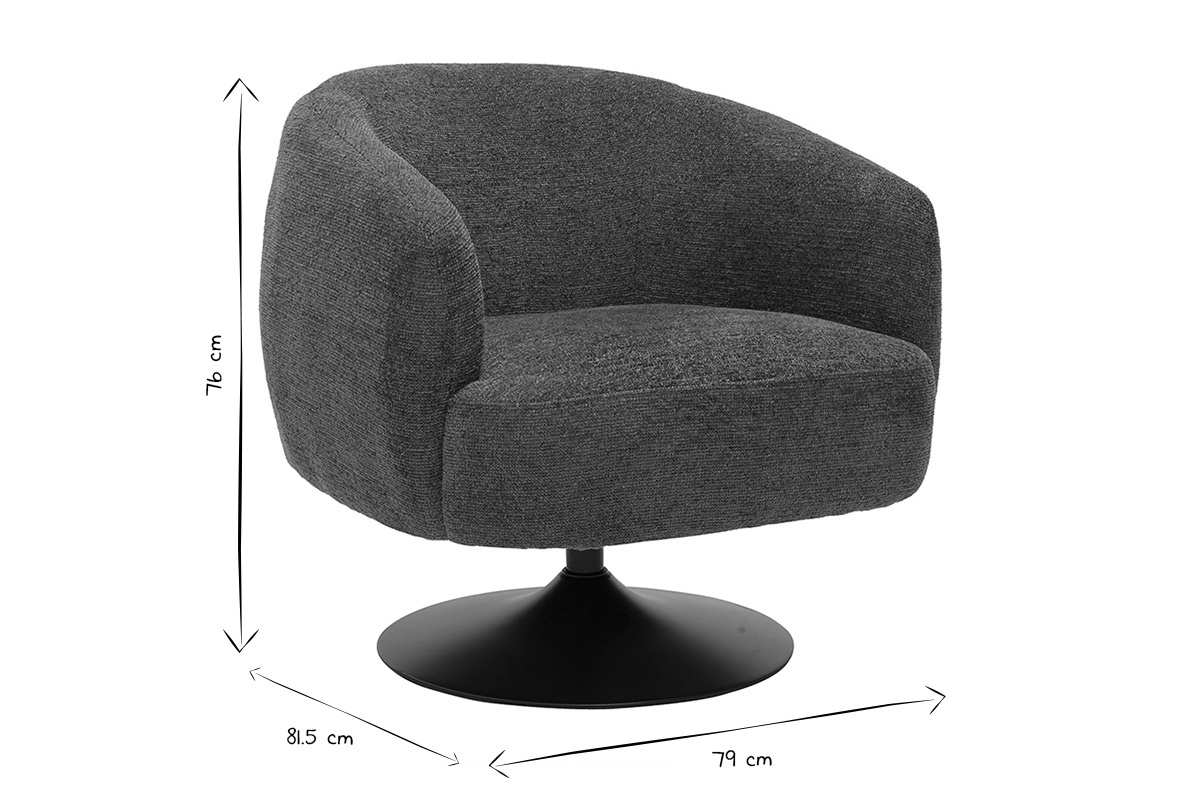 Fauteuil pivotant BOWIE en noir et blanc avec dimensions dessin�es : L79 x P81.5 x H76 cm