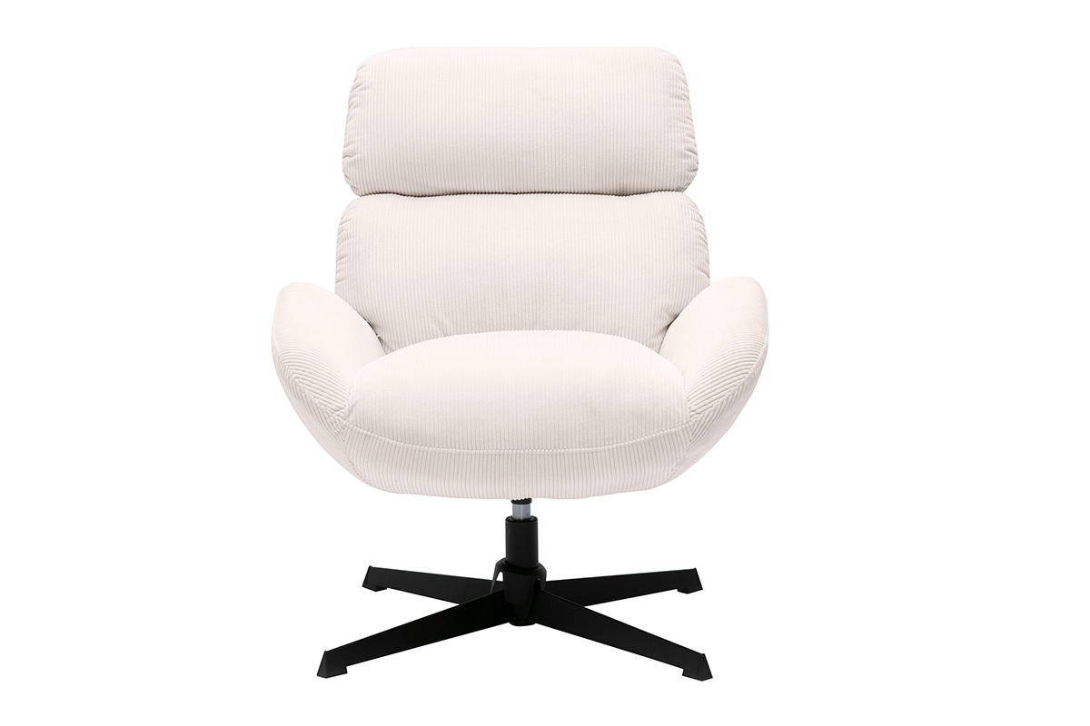 Fauteuil pivotant en tissu velours c�tel� �cru et m�tal noir KLEM
