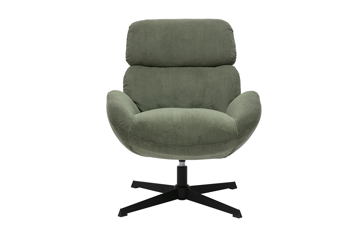 Fauteuil pivotant en tissu velours c�tel� vert kaki et m�tal noir KLEM
