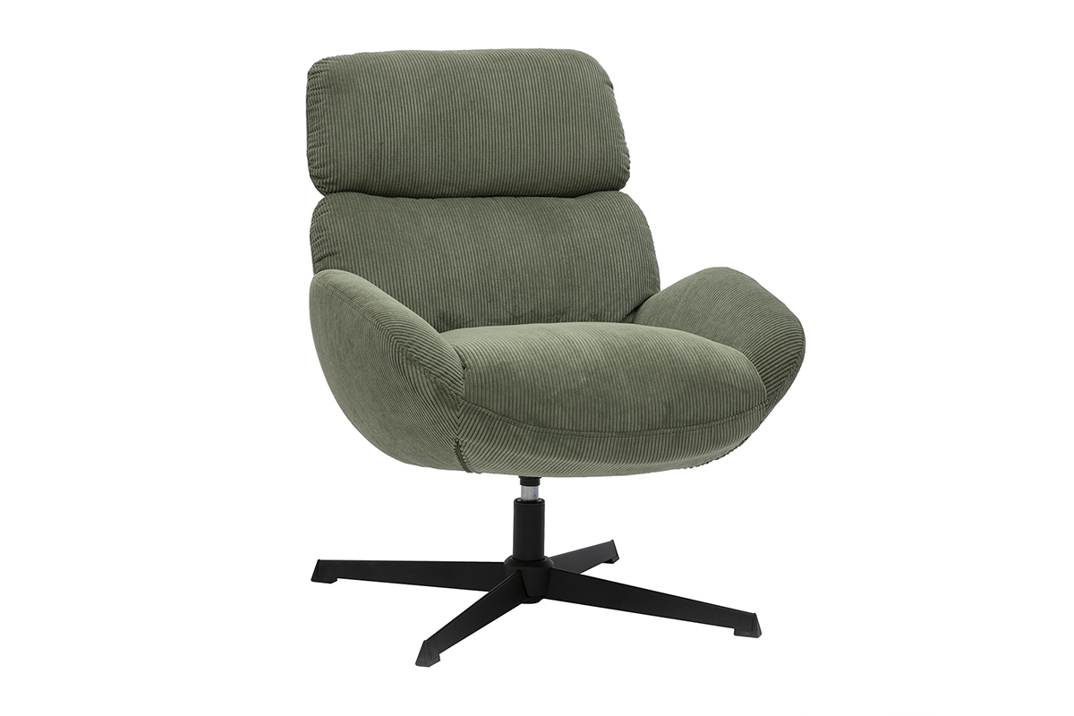 Fauteuil pivotant en tissu velours c�tel� vert kaki et m�tal noir KLEM