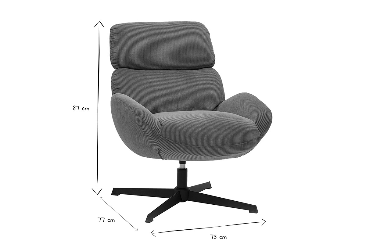Fauteuil pivotant en tissu velours c�tel� vert kaki et m�tal noir KLEM