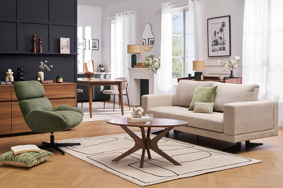 Fauteuil pivotant en tissu velours c�tel� vert kaki et m�tal noir KLEM
