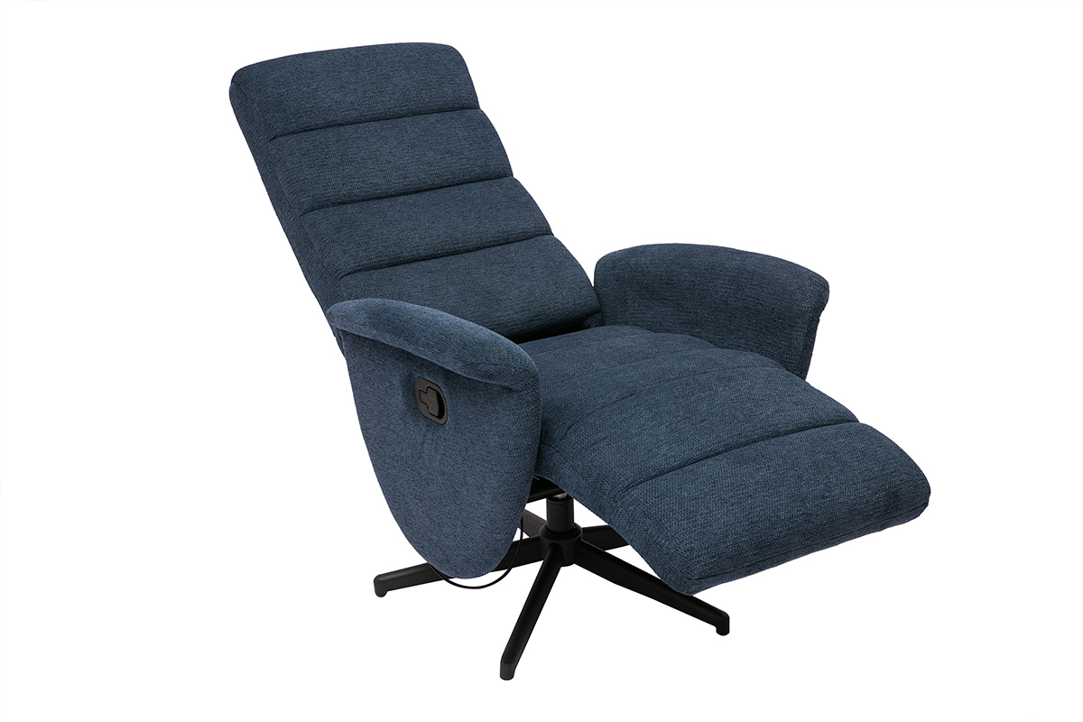 Fauteuil pivotant relax inclinable en tissu bleu fonc�, vue de 3/4.