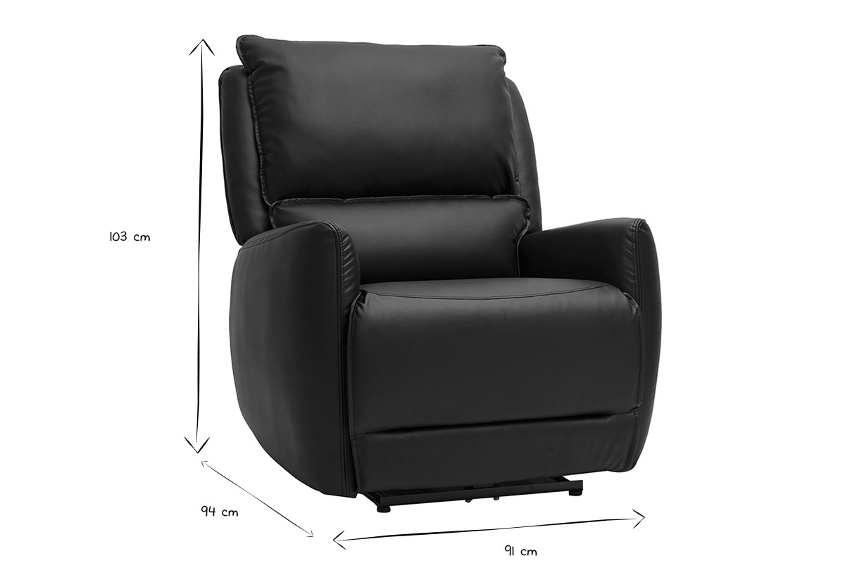Dimensions du fauteuil relax �lectrique noir RACHEL : 91 cm de large, 103 cm de haut, 94 cm de profondeur.