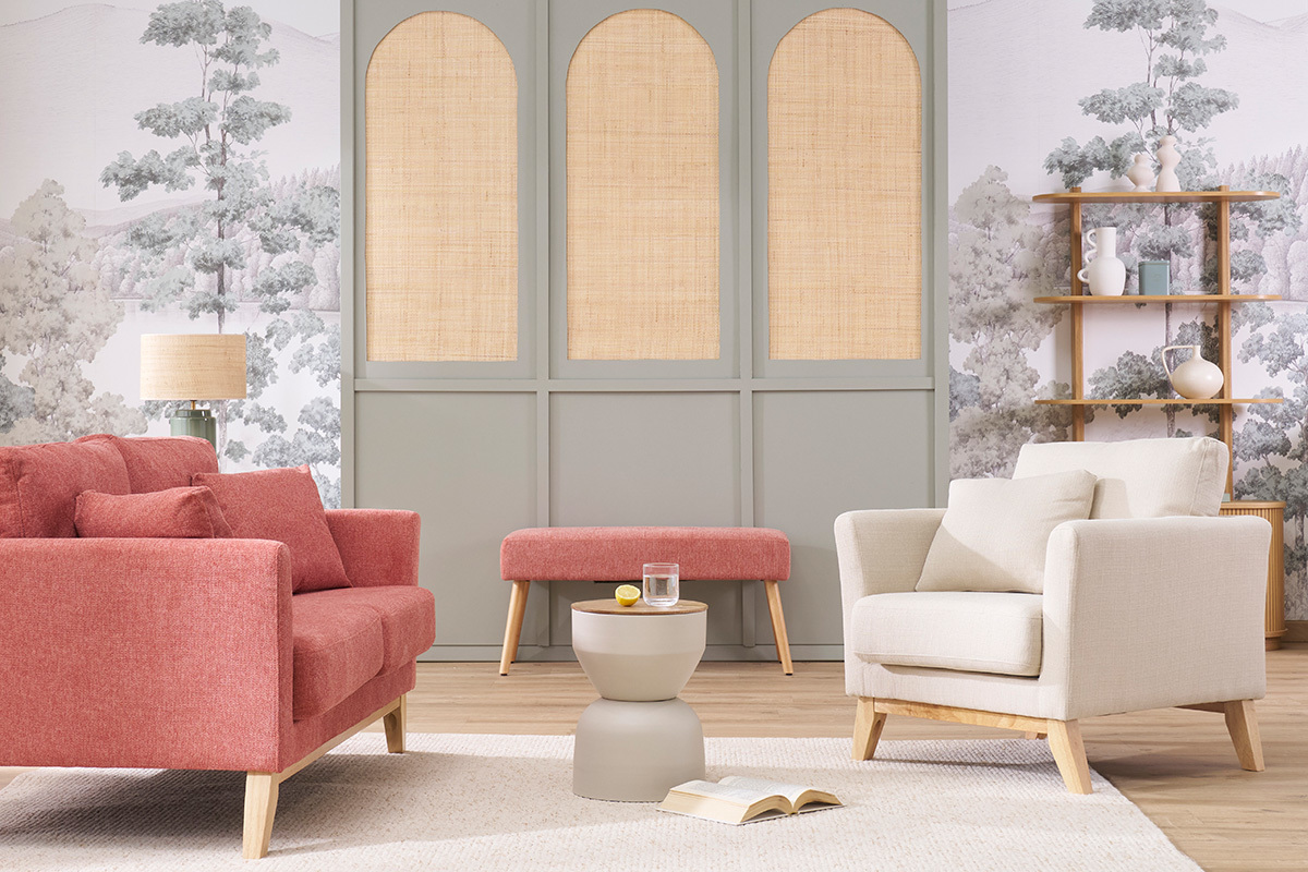 Fauteuil scandinave d�houssable en tissu beige et bois clair OSLO