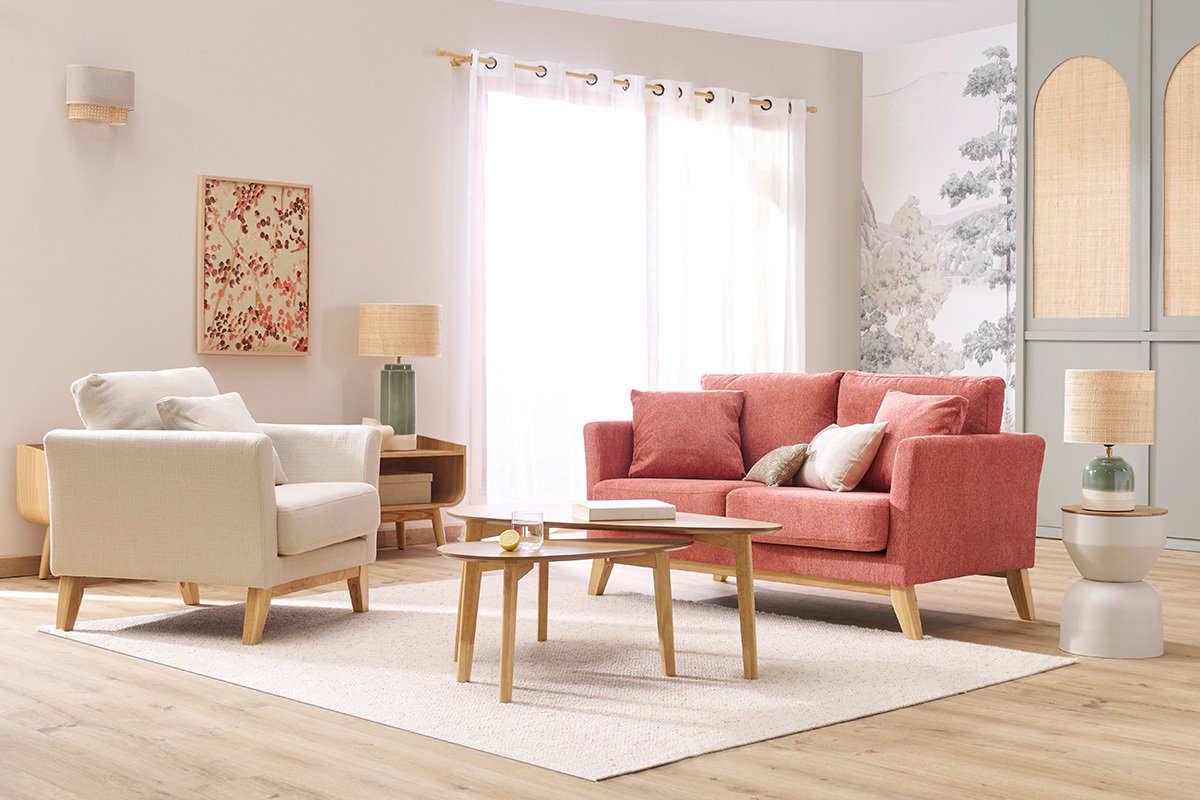 Fauteuil scandinave d�houssable en tissu beige et bois clair OSLO