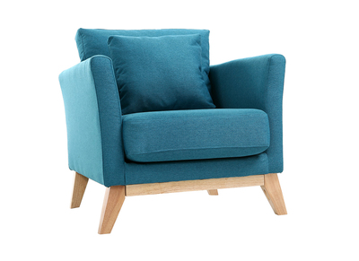 Fauteuil scandinave d&eacute;houssable en tissu bleu canard et bois clair OSLO