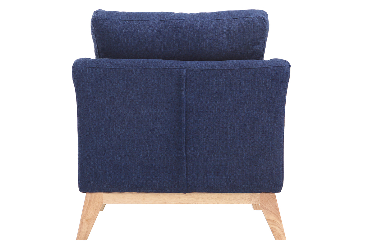 Fauteuil scandinave bleu fonc� et bois clair vu de dos.