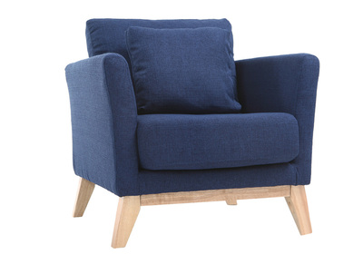 Fauteuil scandinave d&eacute;houssable en tissu bleu fonc&eacute; et bois clair OSLO