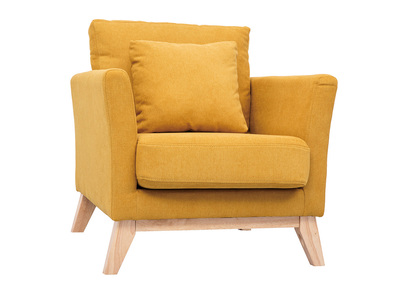 Fauteuil scandinave d&eacute;houssable en tissu effet velours jaune moutarde et bois clair OSLO