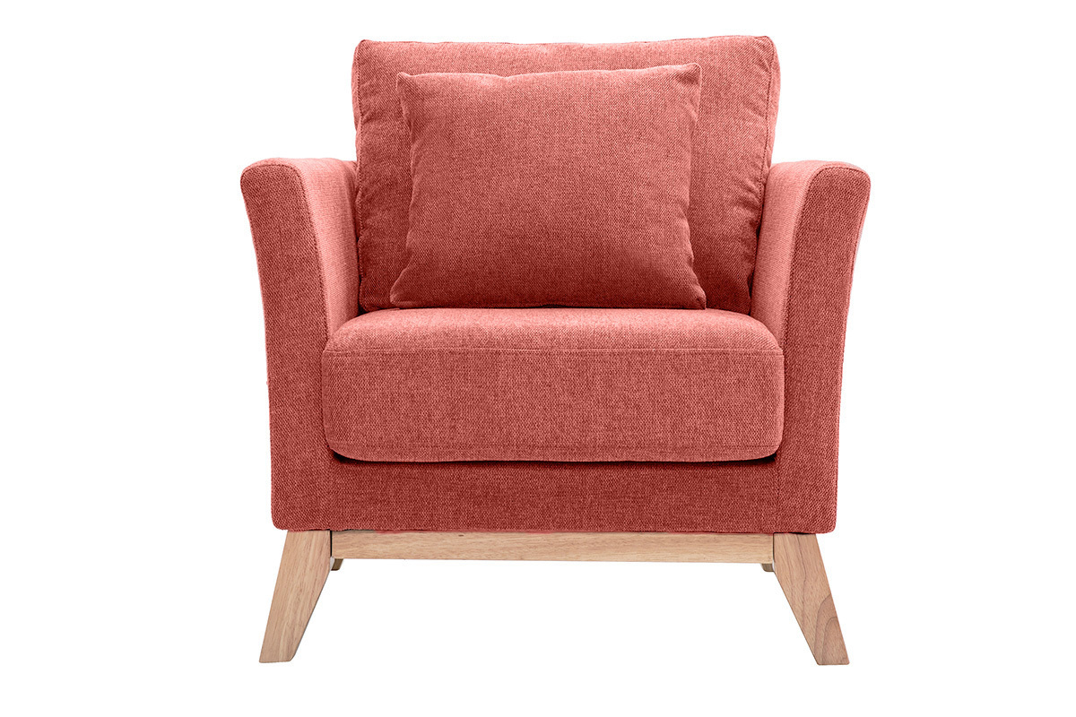 Fauteuil scandinave en tissu terracotta et bois clair, vue de face.